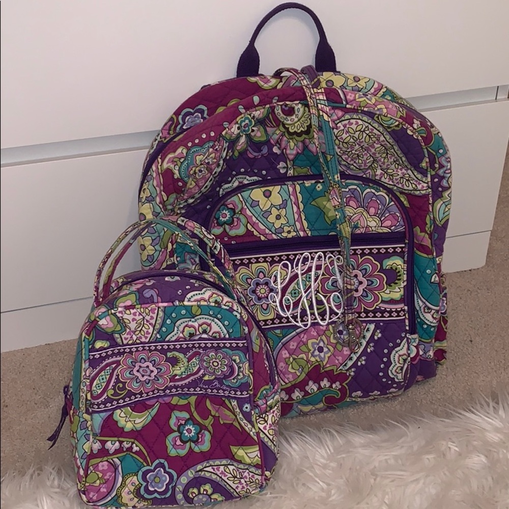 Vera Bradley backpack, lunch bag, and lanyard